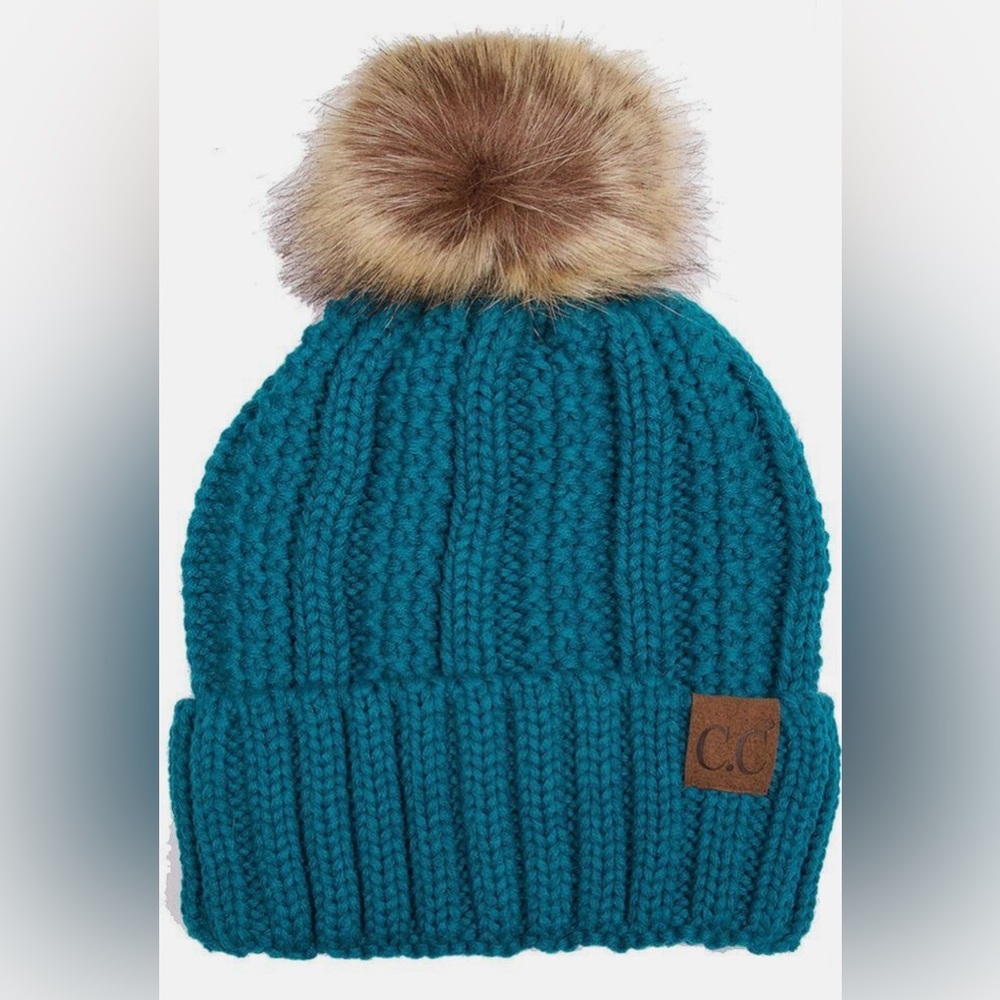 C.C Beanie Teal Knit Fuzzy Lined Brown Faux Fur Pom